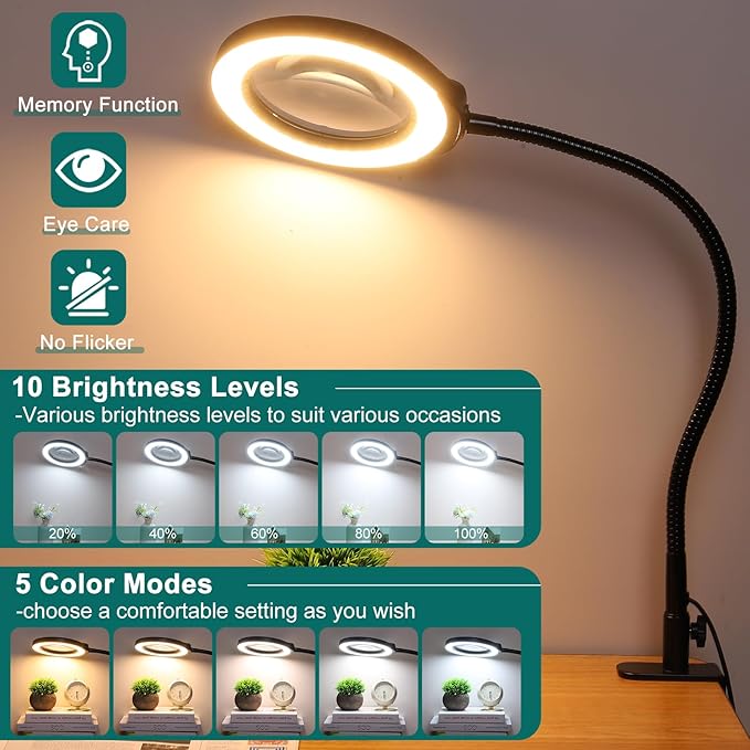 IVMAIE 15X Magnifying Glass with Light and Clamp, 5 Inch Real Glass Magnifying Desk Lamp with Stand, Long Gooseneck, 5 Color Modes Lighted Magnifier Hands Free for Crafts Painting Jewelry Close Work