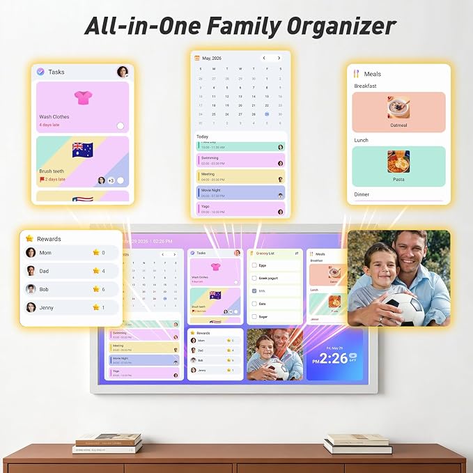 24" Digital Calendar Electronic-eCalendar WhiteBoard-Meal-Planner - Touchcreen Picture-Frame Display, Chore Chart, No Subscription, Star Reward, Auto-Sync Online via App, Wall Mount, Gifts for Mom