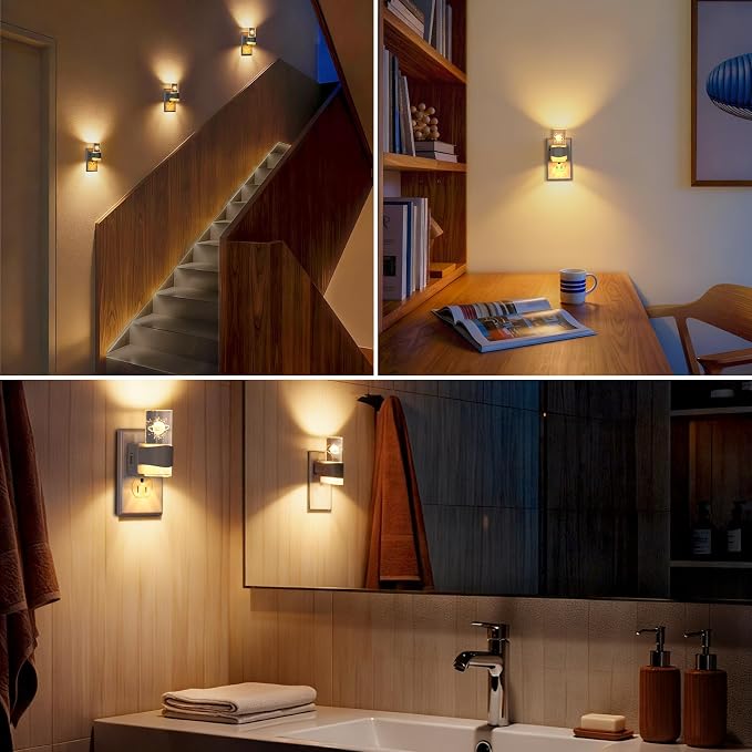 LED Night Light 2 Pack, Dimmable, Dusk to Dawn Sensor, 0-100 LM Adjustable Brightness, 3000K, Wall Mounted, Starry Sky Pattern Etched Within，Applies to Bedroom, Hallway, Plug in Night Light