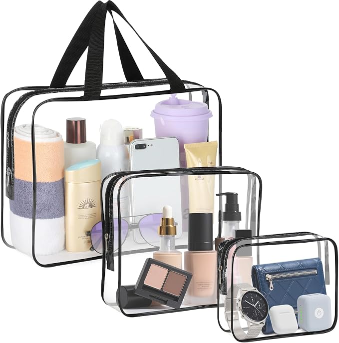 HAOGUAGUA 3 Pieces Large Clear Travel Bags for Toiletries, Waterproof Clear Plastic Cosmetic Makeup Bags, Transparent Packing Organizer Storage Bags (Black)