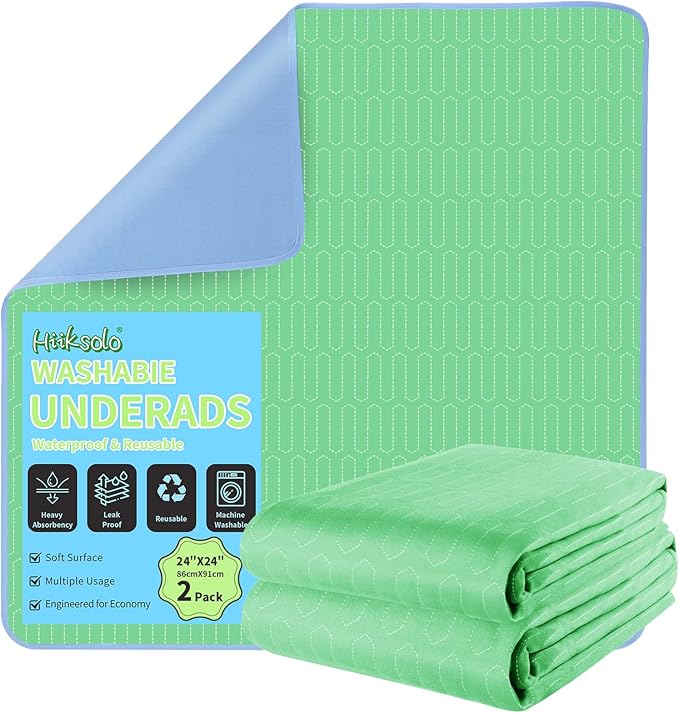 Washable Incontinence Underpads, 2 Pack 24" x 24" Heavy Absorbency Leakproof Bed Pads with Durable Encased Edges, Reusable Pee Pads for Adults, Kids & Dogs