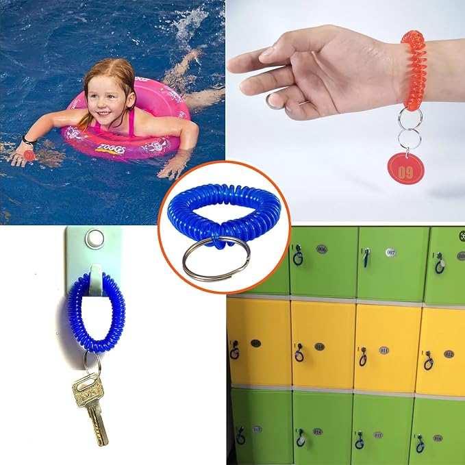 10 Pieces Wrist Coil Keychain Spiral Key Ring, Clear Blue | Wristband Bracelet Key Holder for Pool Gym ID Badge