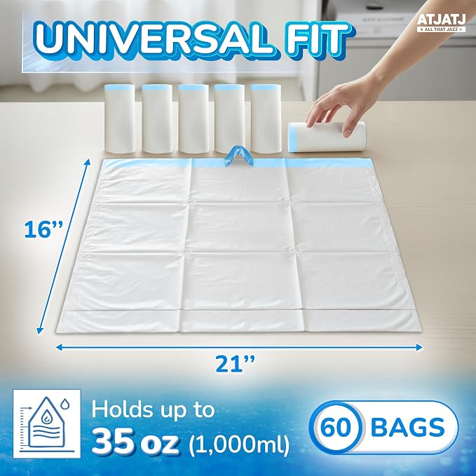 60 Packs Commode Liners With 60 Absorbent Pads, Leak-Proof Disposable Toilet Bags for Adults, Fits All Bedside Toilet Chairs Bucket, Portable Potty Liners for Home Medical Use, No Mess Cleanup