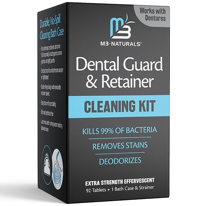 Retainer Cleaner and Soak Container, No-Mess Cleaning Tablets with Universal Denture Bath Case and Strainer, Multipurpose, for Mouth Guard Stains, Odor, and Plaque (92 Tablets + 1 Bath) by M3