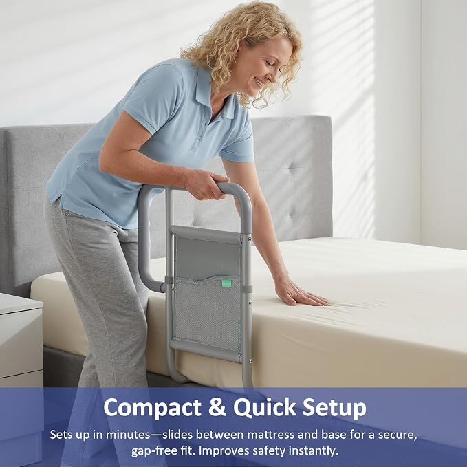 Bed Rails for Elderly Adults, ASTM Approved Bed Assist Rail with Dual Non-Slip Handles for Easily Getting in & Out of Bed, Stable Bed Railings with Storage Pocket, Load 350 LBS, Tool-Free Assembly