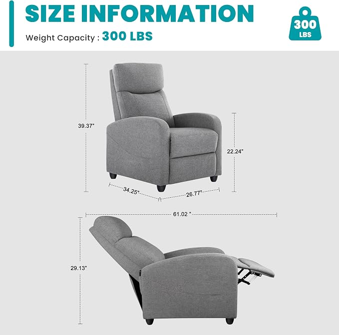 Sweetcrispy Recliner Chair Fabric Recliner Sofa No Massage, Home Theater Seating with Lumbar Support, Adjustable Push Back Overstuffed High-Density Sponge Reclining for Living Room, Grey