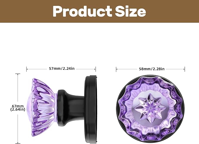 Purple Glass Dummy Door Knobs, Crystal Door Knob Single Side | Non-Turning Matte Black Interior Door Knobs for Hall, Closet, Pantry-2 Pack