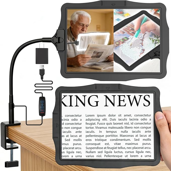 Magnifying Glass w/Light for Seniors Elderly Reading Full Page Diamond Painting, Magnifier w/Dimmable LED Desktop Lamp, Hands Free Magnifier for Crafts Arts Sewing Close Work
