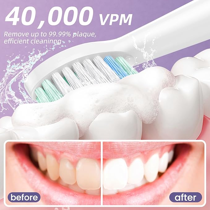 YUNCHI Electric Toothbrush Birthday/Valentine Plastic 8 Dupont Heads 24-Mo Deep Cleans Gentle Gums Removes Stains 3Hr USB-C 90d 2-Min Timer/30s IPX7 - Purple