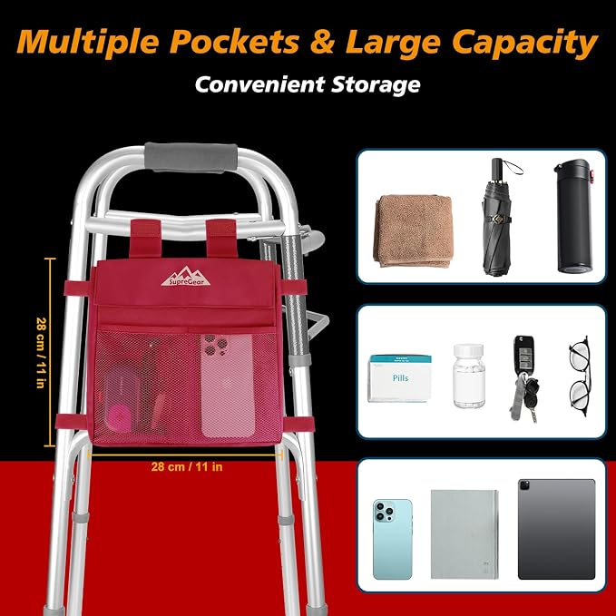 supregear Walker Side Bag, Water Resistant Accessory Basket Pouch for Folding Walkers, Lightweight Hand Free Storage Carrier Tote, Universal Size Seniors Caddy Attachment, Red