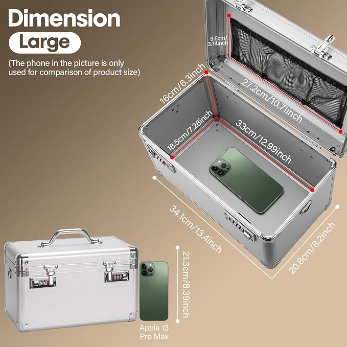 LOCKCURX Lock Box - Security Combination Lock Box, Locking Storage Case for Personal Items and Medicine, Childproof Lockable Lockbox for Home/Office/School, 13.4x8.2x7.6 Inch, Silver