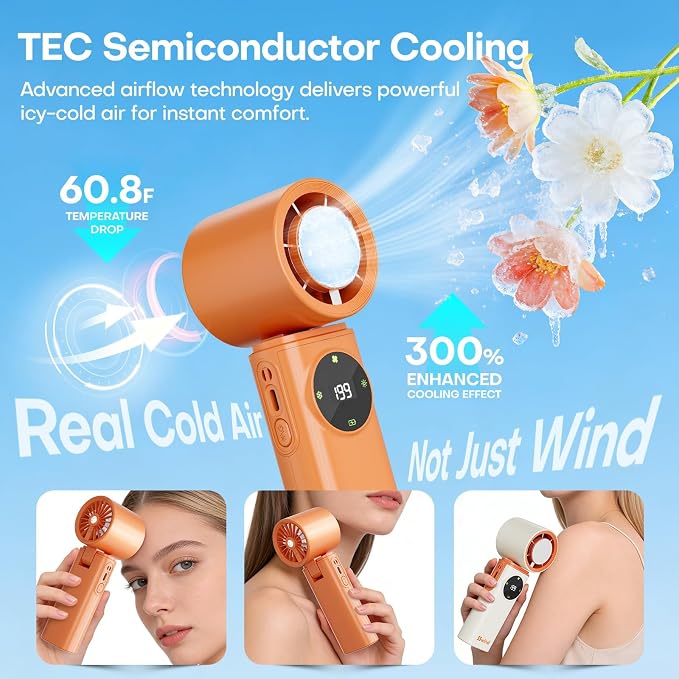 6000mAh Portable Handheld Fan with Ice Cooling, 199 Levels Stepless Speed, 20H Long Battery Life, 20000RPM Turbo Fan Rechargeable Personal Mini Fan for Travel, Outdoor, Makeup (Orange)