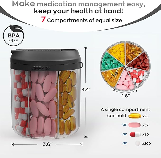 Pill Dispenser with 7 Large Compartments, Pill Organizer for Travel, Supplement Organizer with Anti-Mixing Design, BPA-Free Pill Container with 20 Pcs Labels, Black