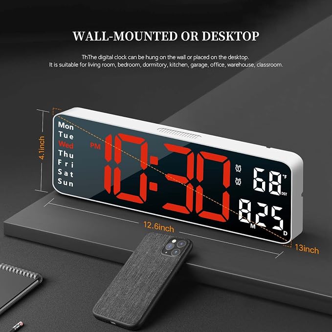 Digital Clock, Digital Wall Clock for Living Room Decor, Desk Alarm Clock for Bedroom, Large Wall Clock with Remote Control, Automatic Brightness Dimmer LED Clock with Date Temperature Week (Red-W)
