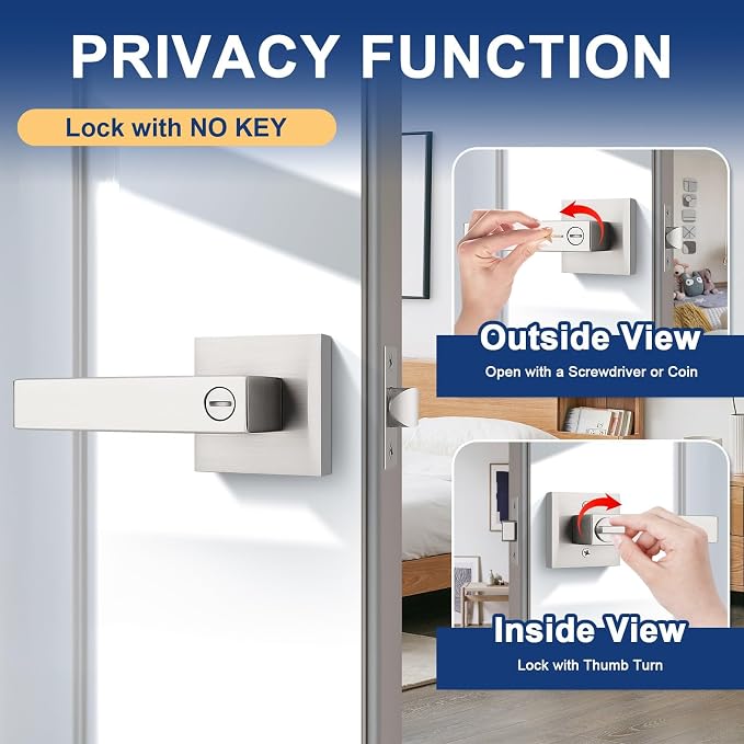 KNOBWELL 5 Pack Privacy Door Handle Brushed Nickel, Modern Square Door Lever Interior Door Knob with Lock, Keyless Bedroom Lever Door Handle(No Key)