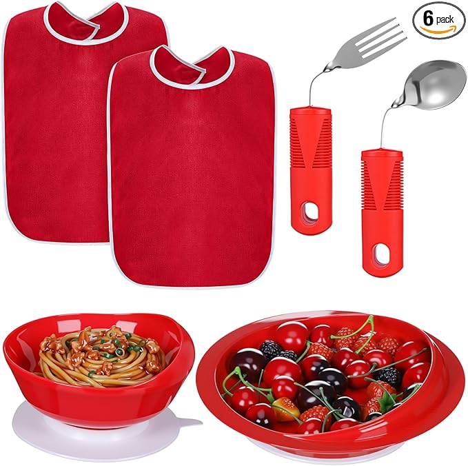 6 Pcs Adaptive Utensil with Bib Bowl Plate Set Weight Cutlery Gift for Christmas Elderly Disabled Arthritis Parkinson(Red)