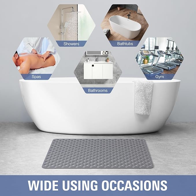 OTHWAY Large Shower Mat, 35"x 24" TPE Shower Mat Non Slip, Heavy Shower Floor Mat with Drain Holes and Suction Cups, No Odor Shower Mats for Inside Shower for Elderly Kids Bathroom(D-Grey)