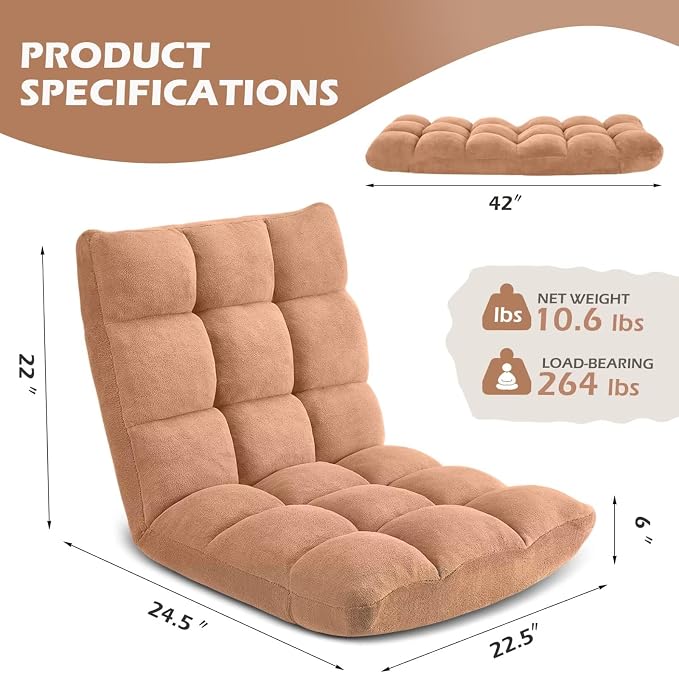Folding Floor Gaming Chair 14-Poistion Cushioned Adjustable Floor Lazy Sofa Chair w/Breathable Cotton & Skin-Friendly Flannel for Adults & Kids Perfect for Reading Gaming Meditating, Camel