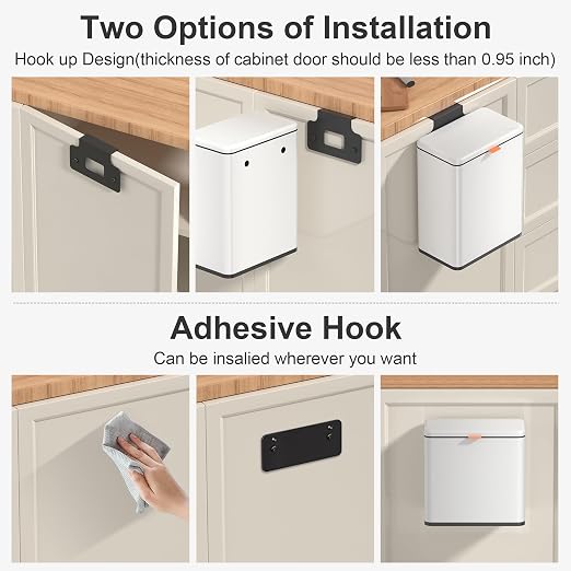 Mbillion 1.05 Gal White Hanging Stainless Steel Compost Bin | 4L trash can with lid, cabinet & under sink door mount design, for kitchen, RV and bathroom food waste storage