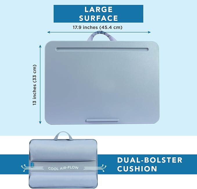 LAPGEAR The Original Lap Desk – Sky Blue, Fits 17" Laptops | Microbead Cushion, Device Ledge, Built-In Pencil Tray, Carry Handle