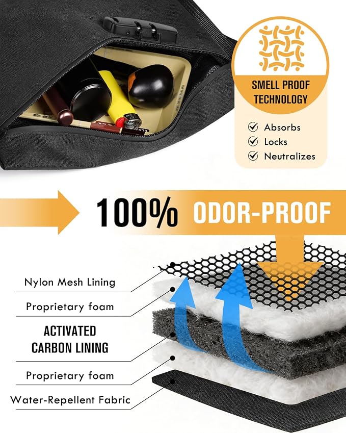 Smell Proof Bag, Odor Proof Bag with Combination Lock, Durable Smell Proof Container with Carbon Lining, Secure Odorless Travel Pouch for Home & On-the-Go (Black)
