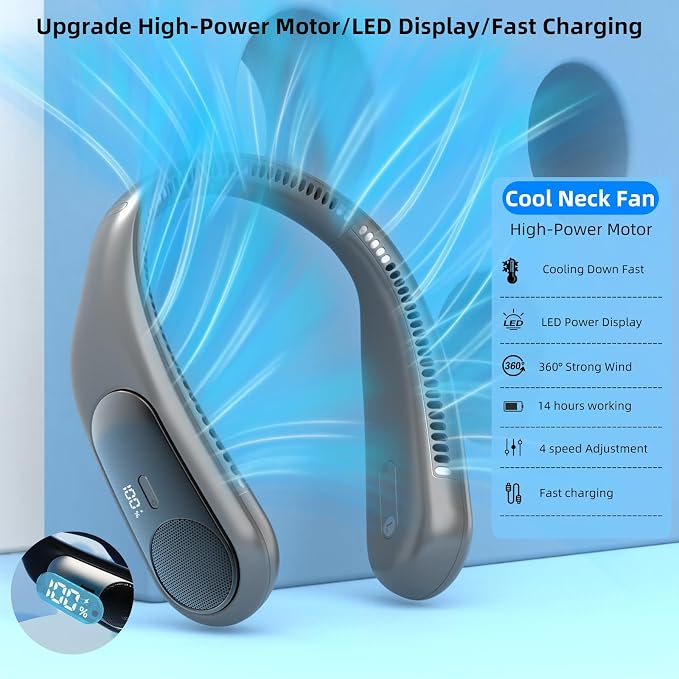 Portable Neck Fan, Personal Wearable Bladeless Fan for Outdoor Indoor, LED Display, 360° Cooling, 4-Speeds, 6000mAh USB Rechargeable, Birthday Gifts for Men Women Dad Mom (Dark grey)