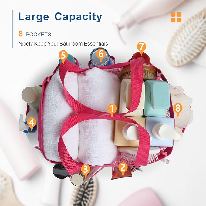 Mesh Shower Caddy Portable - 8 Pockets, S-Hook, Shower Bag for Dorm Camping | 2-Handle, Quick-Dry, Toiletry Organizer, College Dorm Room Essentials for Girls, Gym, Travel & Bathroom, Pink Flamingo