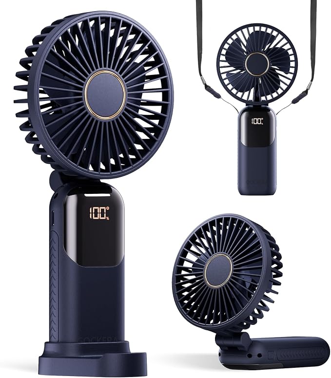 GOCKERA Portable Fan, 4200mAh Battery Operated Fan, 5 Speeds&Digital Display, Makeup Fans for Women with Base, 180°Foldable 3in1 Handheld/Neck/Desk Fan for Outdoor Indoor,Ultra Quiet (Blue)