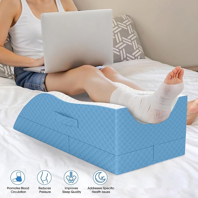 TranquilRelax Elevation Pillows for Leg After Surgery, Memory Foam Adjustable Wedge Pillow for Injury or Rest, Ankle Pillow for Sleeping Blood Circulation, Light Blue/Double Leg