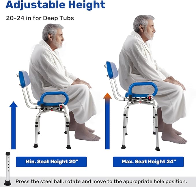 360° PU Padded Swivel Shower Chair-Bath Tub Transfer Bench, 20-25in Adjustable Height, Drop Arms & Anti-Rust Aluminum Shower Chair for Elderly and Disabled, Safety Bench for Bathtubs & Showers