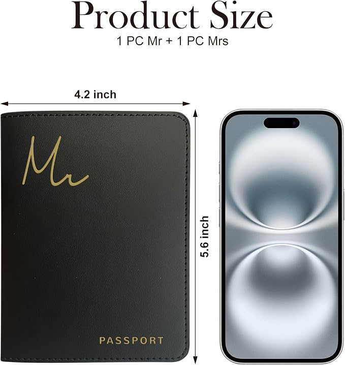 HubbyWifeyGifts Mr and Mrs Passport Holder Set, PU Leather Passport Cover with RFID Blocking, Honeymoon Essentials for Travel, Engagement Gifts for Couples