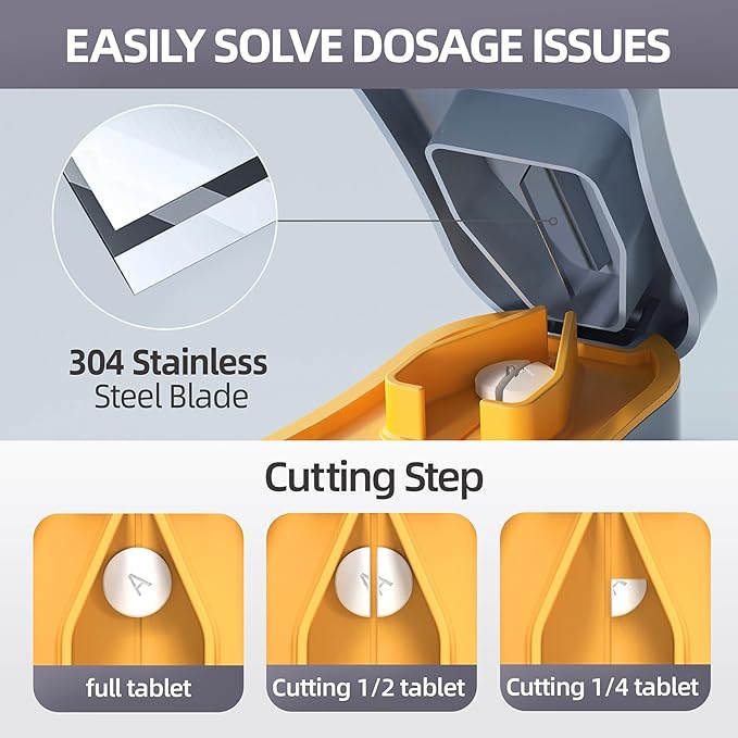 Pill Cutter Splitter for Small and Tiny Pills - 1/2 Accurately Cuts -Easy Open Snap Button.Wrap-Around Blade Guard Prevents Cuts. Detachable V-Shaped Pad. Back Storage(Blue)