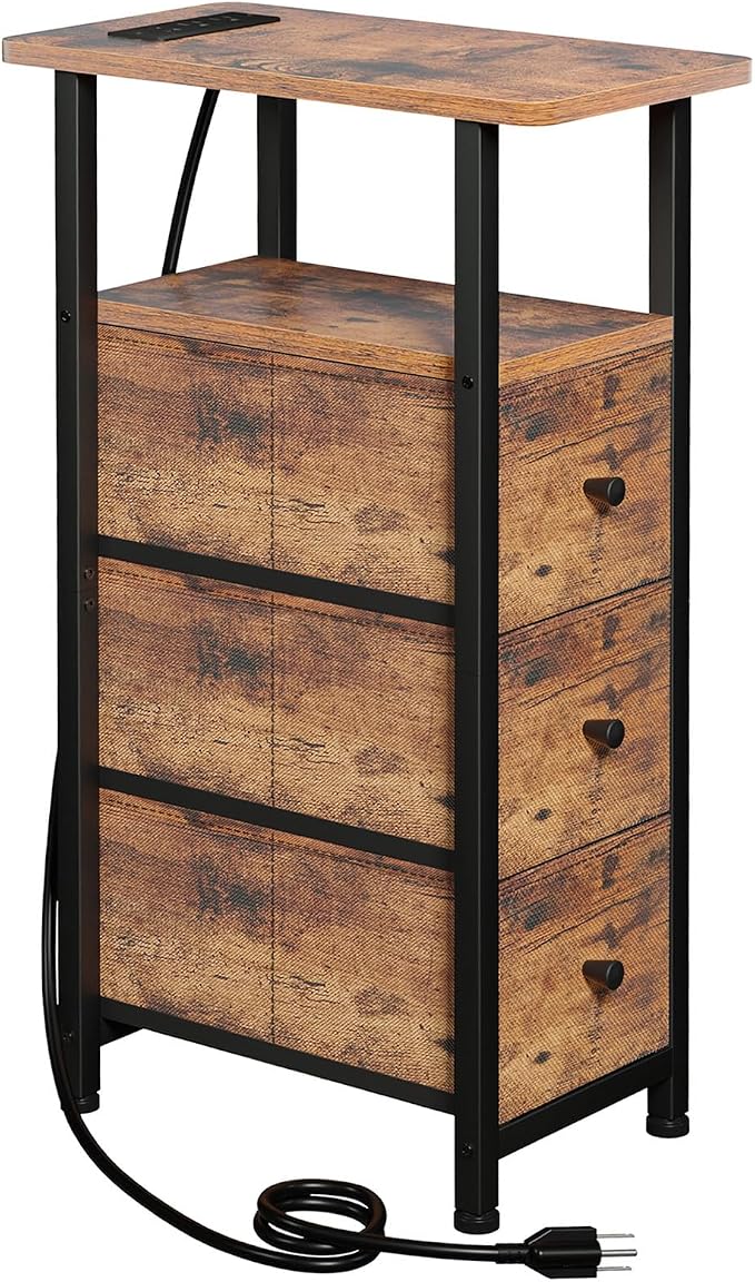 Narrow End Table with Charging Station, Small Nightstand | Skinny Side Tables Living Room with 3 Fabric Drawers, Slim Bedside Table for Bedroom, Small Spaces, Couch, Brown