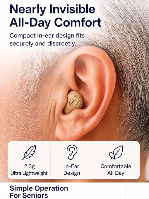 Rechargeable Hearing Aids for Seniors, 16-Channel DSP Noise Reduction Hearing Amplifier, Invisible In-Ear Design Volume Control, 35 Hours Battery Life with Charging Case, Easy to Use for Adults