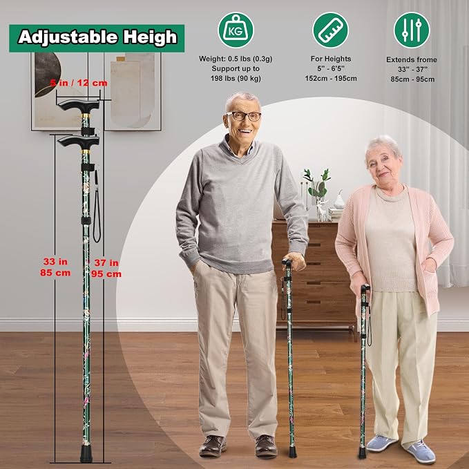 MFE Folding Cane, Portable 5-Level Adjustable Height Walking Stick with Foldable Design, Wrist Strap, and T Handle for Men and Women