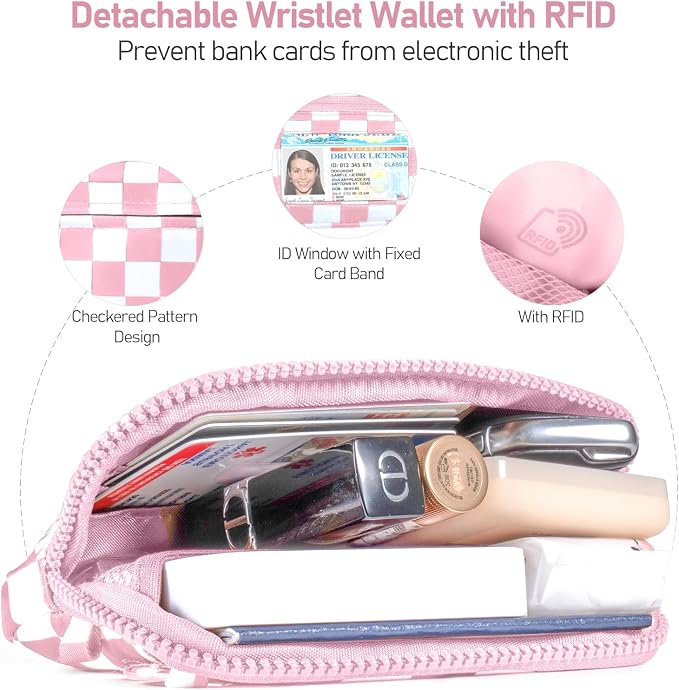 Tiostep Clip and Go Strap for Phone with Wallet Crossbody Phone Lanyard Adjustable and Detachable RFID Wristlet Wallet (Dusty Pink Checkered, Large)