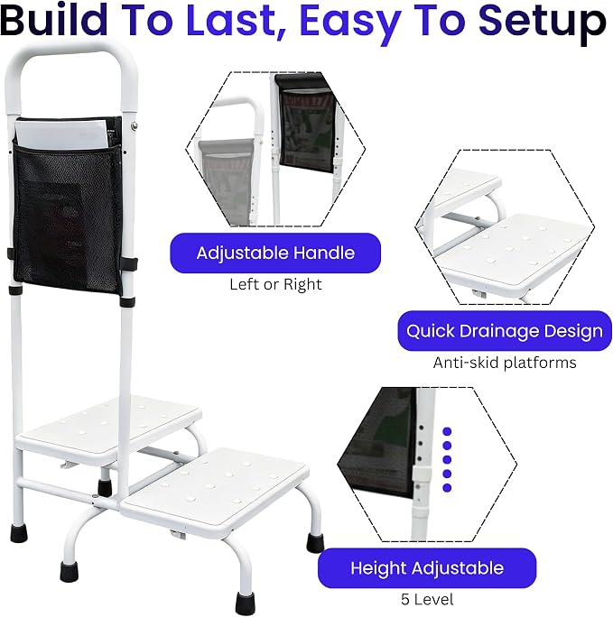Two Step Stool with Handle for Elderly, 350 lbs Capacity, Heavy Duty Rv Steps with handrail Bed Step for High Beds, Adjustable 5-Level Handrail, for Grandpa