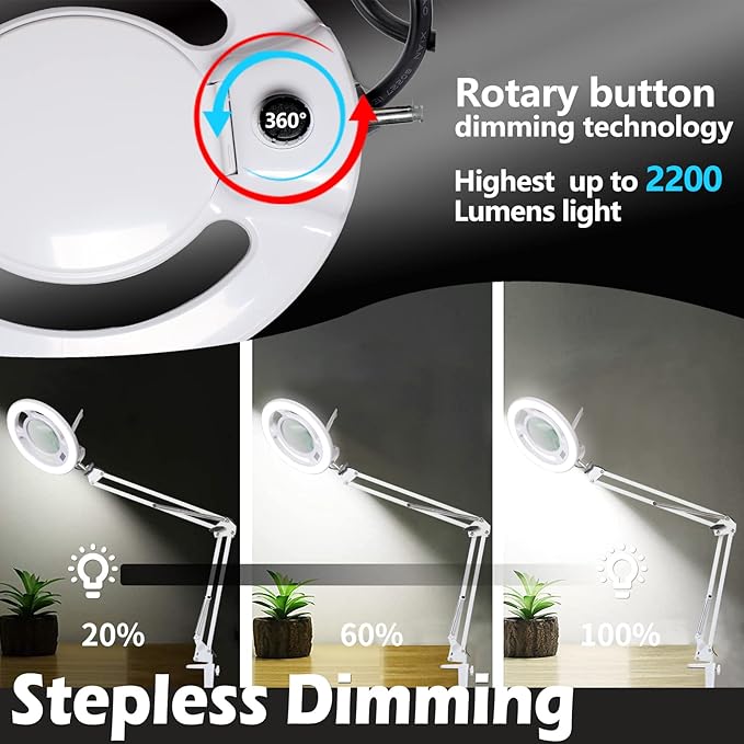 10X Magnifying Glass with Light, KIRKAS 2,200 Lumens LED Magnifying Lamp with Clamp, Stepless Dimmable Real Glass Lens Magnifier, Adjustable Arm Workbench Light for Close Work Hobby Repair - White