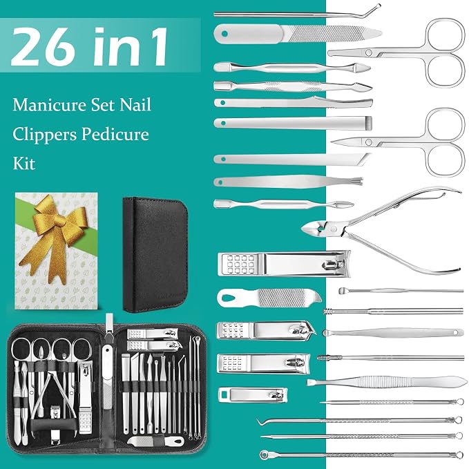 26-Piece Professional Manicure and Pedicure Kit, Nail Clippers Set, Stainless Steel Nail Care Tools with Travel Case, Silver White