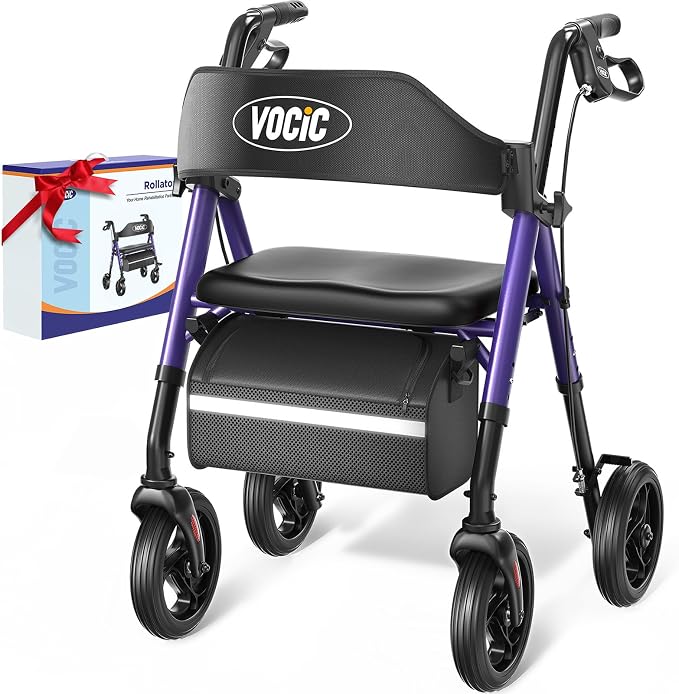 VOCIC Z21 Rollator Walker for Seniors with Seat, 8" All Terrain, 350 LBS | Lightweight Foldable & Dual Height Adjustable for Seniors, Ergonomic Arc Seat&6" Ultra Backrest Provide Comfort, Purple
