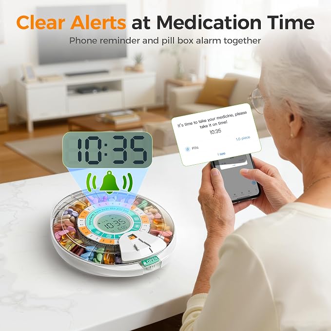 Betife Automatic Pill Dispenser,28-Day Smart Bluetooth Pill Box, Easy Setup | App Support, Pill Case with 6 Alarms & Light Reminder, Electronic Medication Management for Seniors, Monthly Timer Dispenser
