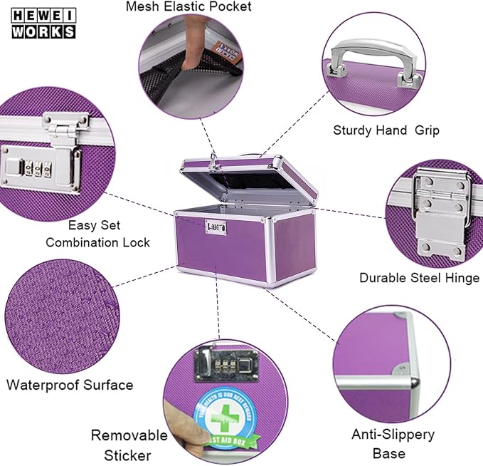 Combination Locking Medicine Box with Portable Storage Case，12.2''x 7.2''x 7.6'', Childproof Medication Lock Organizer，Lockbox for Secure Cash, Jewelry, ID Documents (Purple/Medium)