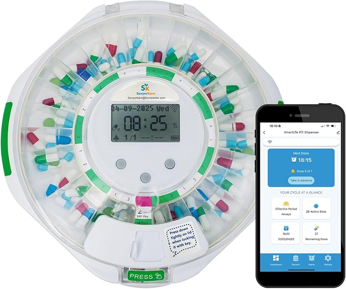 WiFi Automatic Pill Dispenser with App Remote Monitoring | Tracks Adherence History, App/Sound/Light Alerts, LCD Display, 28-Day Locking Medication Organizer for Seniors, Caregivers