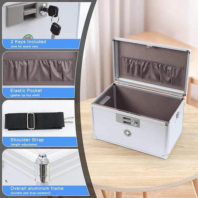 KYODOLED X-Large Medicine Lock Box, Locked Medicine Box with Key, Children Safe Medication Storage, 14.8 x 8.9 x 8.9 Inch, White