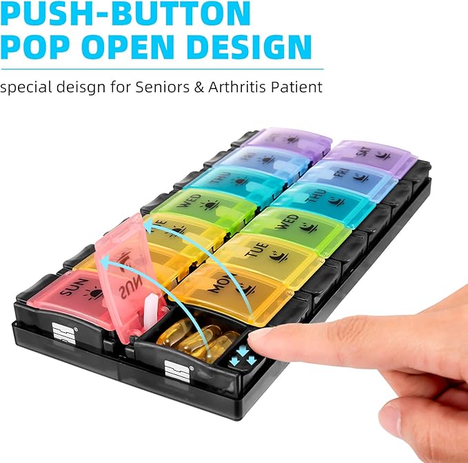 FGcase AM PM Weekly 7 Day Pill Organizer, Large Daily Pill Cases Pill Box with Easy Push Button, Pill Reminder Container for Medicine, Vitamin, Pills, Fish Oil and Supplement