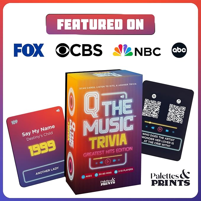 Q The Music – Music Lyric Party Trivia Quiz Card Game for Adult and Family Game Nights, 2-10 Players, Scan, Listen to Iconic Hits, and Answer Trivia – Adult Games for Parties