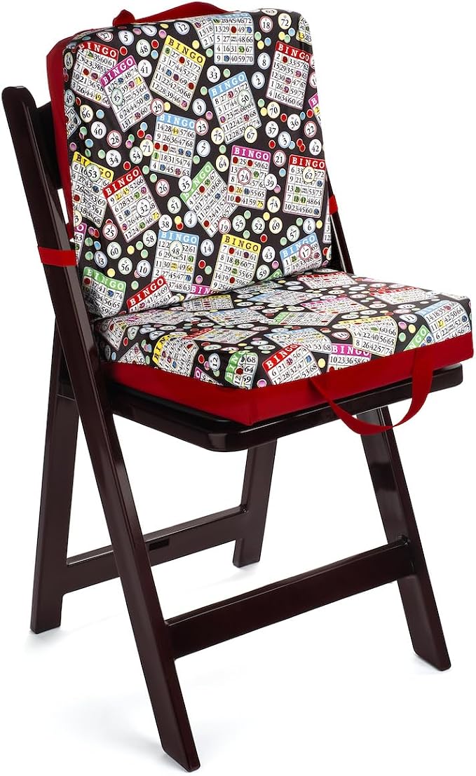 Classic Bingo Pattern Seat Cushion – Extra Thick 3” Bingo Pillow with Strap, Storage Pouch & Handles – Comfortable Folding Chair Cushion for Bingo Nights (Red)