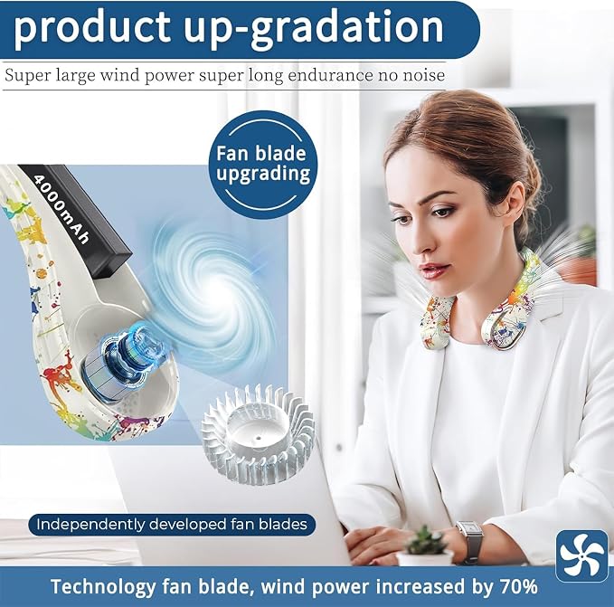 ASNUG Neck Fan, Bladeless Neck Fan, USB Rechargeable Personal Fan, 4000 mAh Battery Operated Wearable Fan, 3 Speeds Adjustable,Faster Cooling, Ultra Quiet, Suitable for Home, Office, Travel, Sports