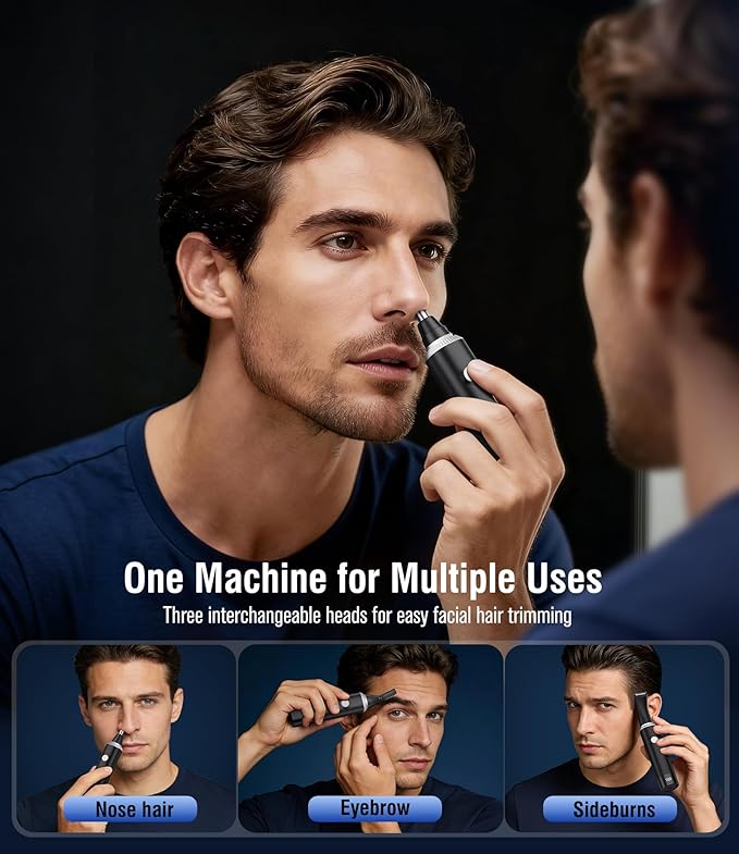 Nose Hair Trimmer for Men, 3-in-1 Professional Painless Rechargeable Eyebrow & Facial Hair Trimmer for Men Women, Multifunctional Trimmer with Powerful Motor and Dual-Edge Blades, IPX7 Waterproof