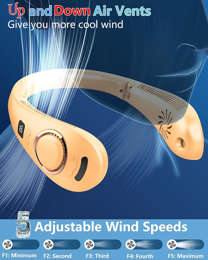 Misting Neck Fan Rechargeable,Battery Powered Folding Fan 5 Speeds,Portable Cooling Neck Fans that Blow Cold Air,Hands Free Fold Up No Blade Personal Fans for Your Neck Summer Best Gifts Apricot